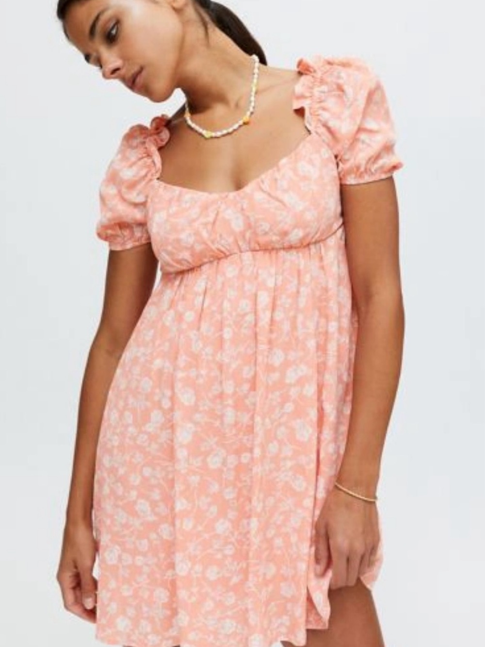 Urban Renewal Peach Floral Puff-Sleeve Dress UO
